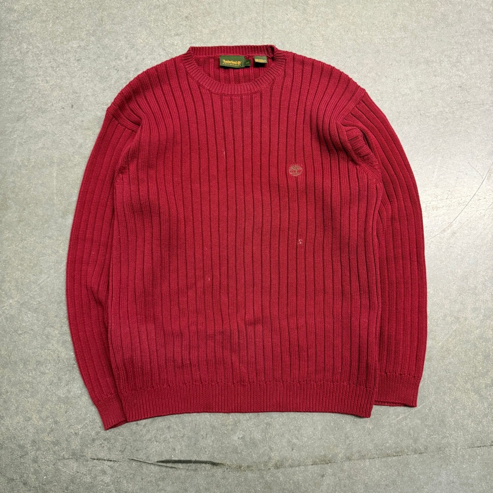 Timberland Weathergear Mens Red Ribbed Knit Cotton Crewneck Sweater Large